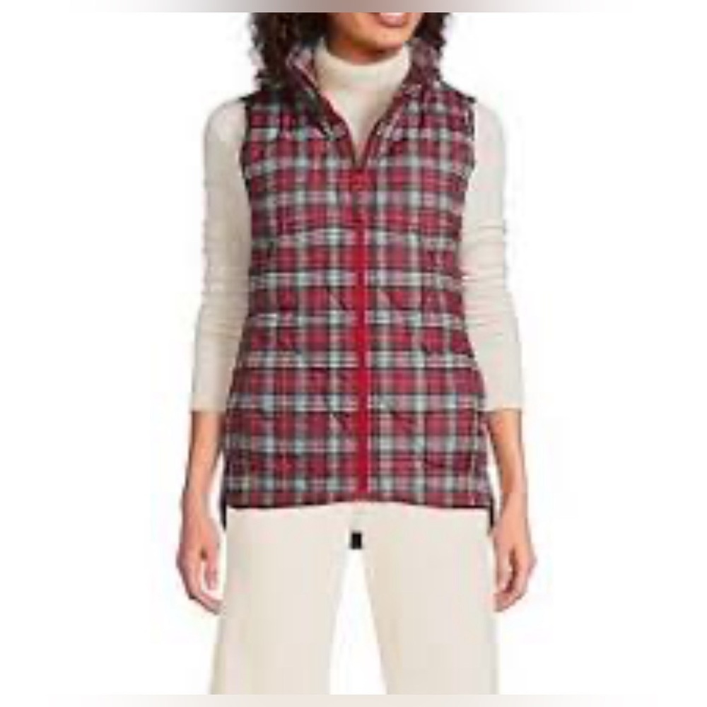 Lands’ End Down Puffer Vest Red Plaid Snap Front - Large